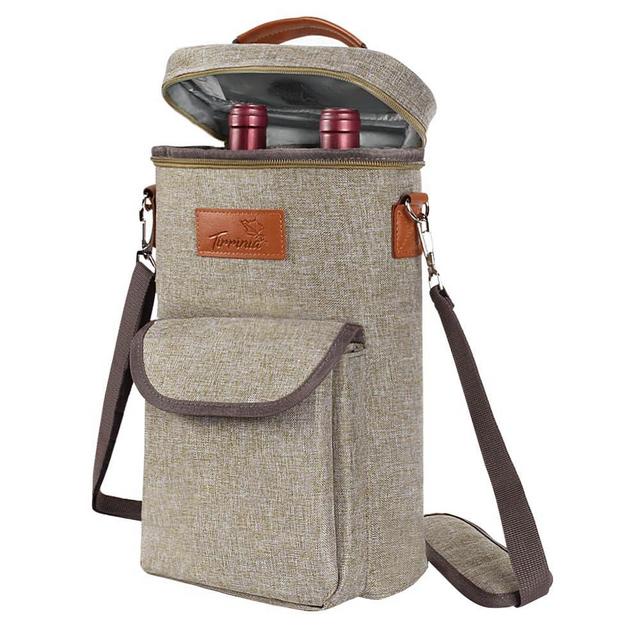 Tirrinia 2 Bottle Wine Gift Tote Carrier - Leakproof & Insulated with large pockets Wine Cooler Bag for Travel, Wine Tasting, Party, Dinner, Great Valentine's Day Gift for Wine Lover