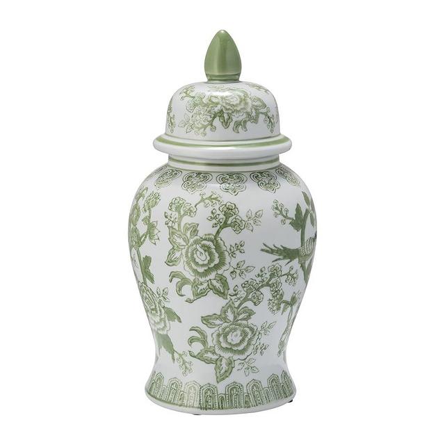 Sagebrook Home Elegant Green Chinoiserie Ceramic Ginger Jar – 14.25” Decorative Lidded Vase for Home, Office, Bedroom, or Living Room Decor – Vintage-Inspired Stoneware Accent (7.25x7.25x14.25 Inches)