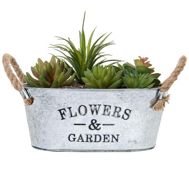MyGift Rustic 'Flowers & Garden' Bucket Design Small Metal Succulent Plant Container w/Twine Handles