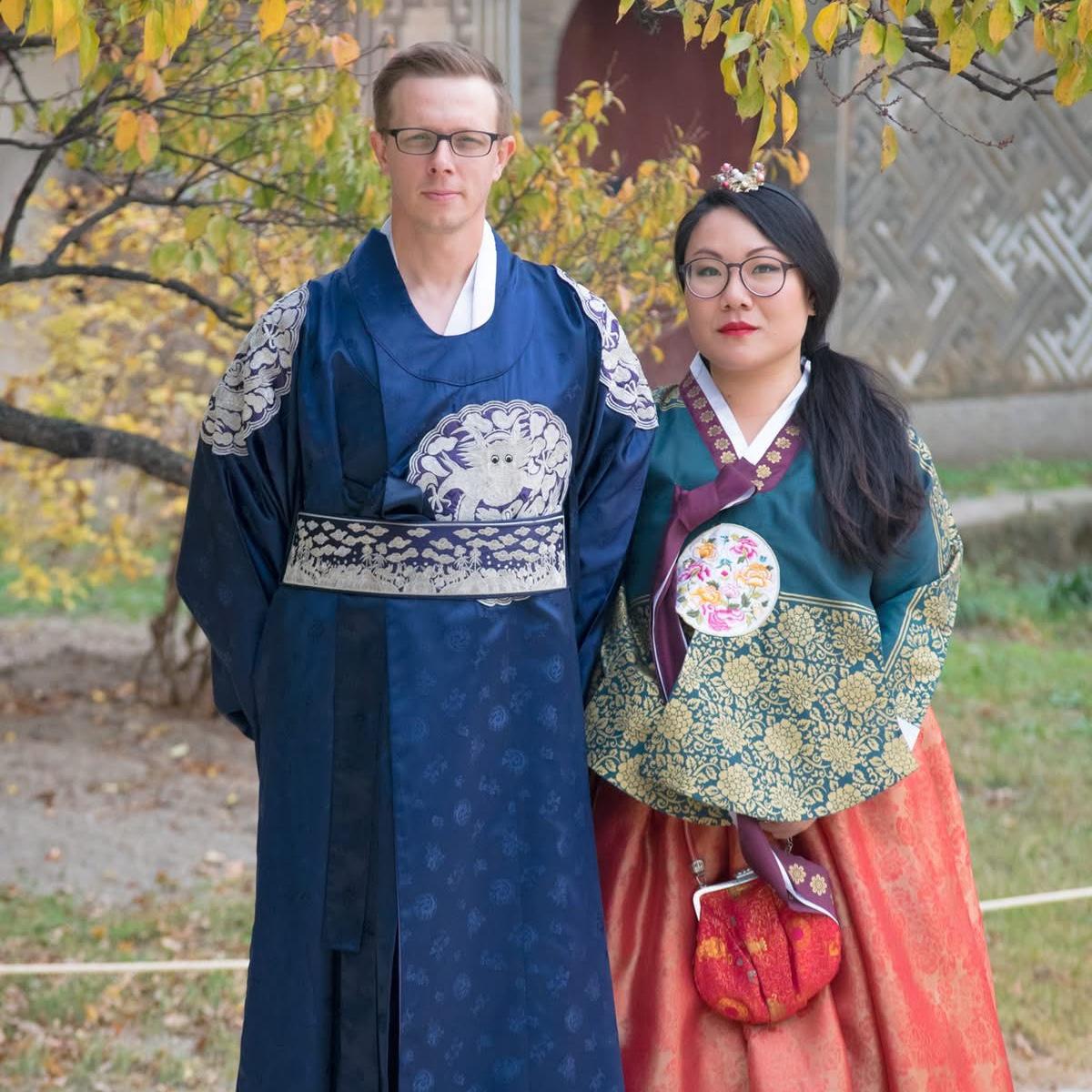 Dressed up in traditional Korean hanbok at Changdeokgung Palace in Seoul, South Korea. November 2019