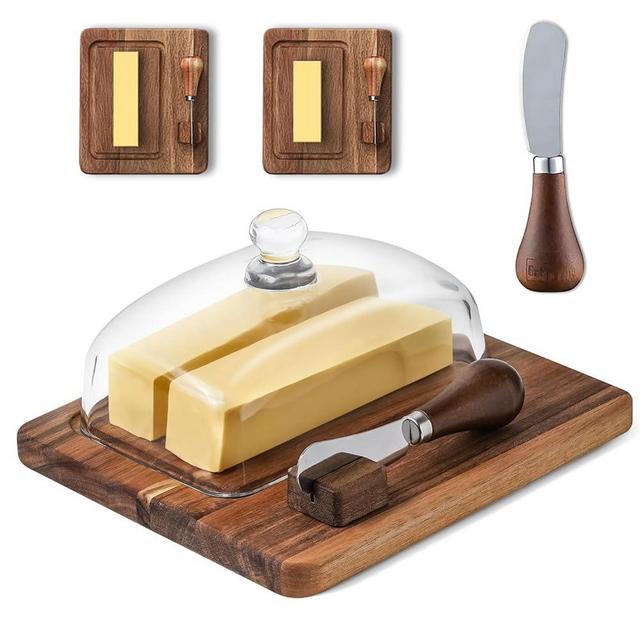 DAQJIOO Large Glass bamboo Butter Dish with knife,Large Butter Dish for Countertop,Thick Sealed Glass Lid,Butter Dishes with Lid for West/East Coast Butter,Kitchen Decor and Gifts,Dishwasher Cleanable