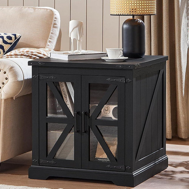 Joaxswe 24" End Table with Charging Station, Farmhouse Night Stand with Glass Barn Door, Black Nightstands with Adjustable Storage Shelf, Large Wood Square Bed Side Table for Living Room,Bedroom