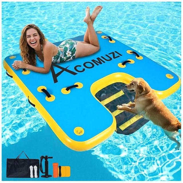 ACOMUZI Inflatable Water Platform with Dog Ramp, Heavy-Duty 6" Thick Drop Stitch Floating Dock for Pets Adults, Portable Lake Raft for Boat Pool Beach, Includes Pump