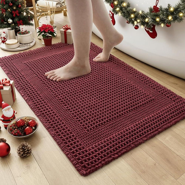 AMOAMI Waffle Bath-Mat, Absorbent Bath Mats for Bathroom Non Slip, Machine Washable Bathroom Rugs with Tassels Ultra Soft Boho Bath Rugs for Floor 24"x36" Red