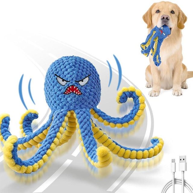 Qraxond Interactive Dog Toys Octopus,Durable Automatic Jumping Dog Toy to Keep Them Busy,Squeaky Moving Tug of War Doggie Toy,USB Rechargeable,Not for Aggressive Chewers (Blue)