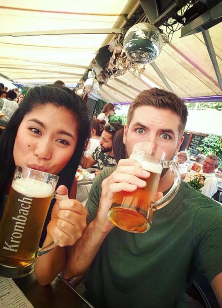 Drinking traditional pints of beer in Düsseldorf, Germany.