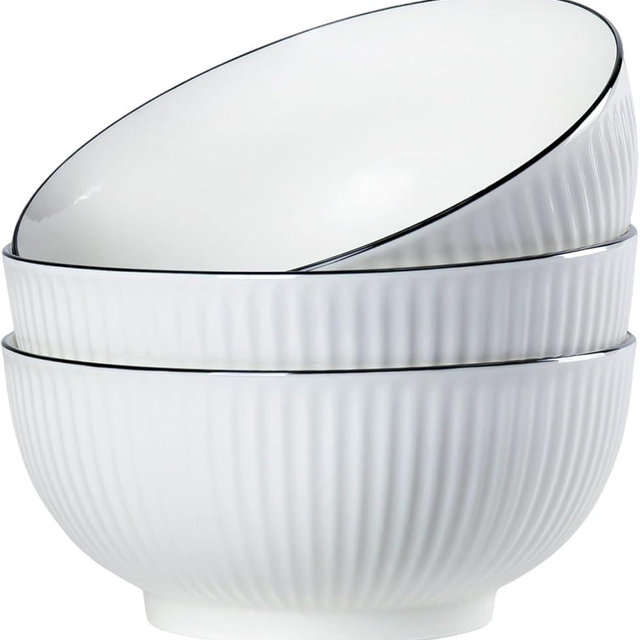 Zscera 60 oz Large Pho Soup Bowls, Japanese Ramen Bowls, Rimmed Off-White Big Ceramic Bowls Set of 3, 8 Inch