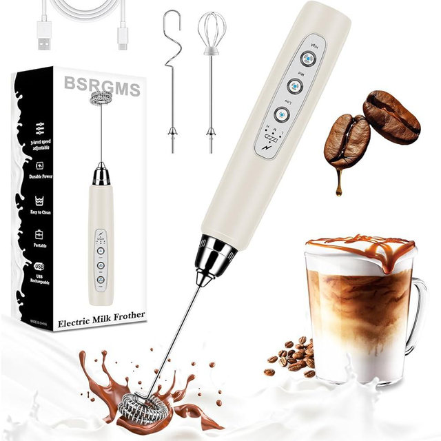 BSRGMS Milk Frother Handheld for Coffee, Electric Whisk 3 Speed Adjustable, Drink Mixer with Stainless 3 Whisks, Rechargeable Hand Frother Wand, for Latte Cappuccino Hot Chocolate Egg Beige
