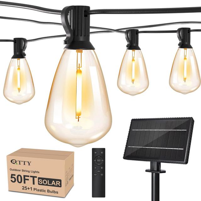 RTTY Solar String Lights Outdoor Waterpoof 50ft with 25pcs Dimmable Shatterproof ST38 Vintage Bulb,Remote Solar Powered Bistro,Cafe Patio Lights