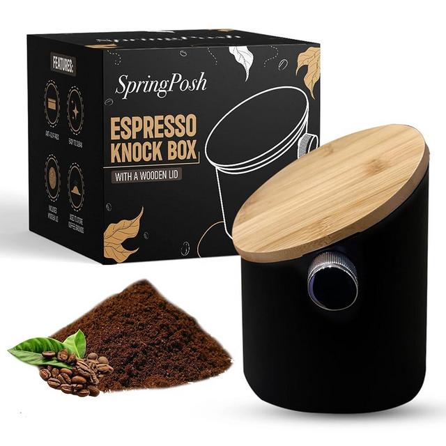 SpringPosh Knock Box with Premium Maple Wood Lid for Coffee & Espresso Grounds, Espresso Machine Accessory, Easy Disposal of Coffee Pucks, Removable Knock Bar, 5.3-inch Opening (Charcoal Black)