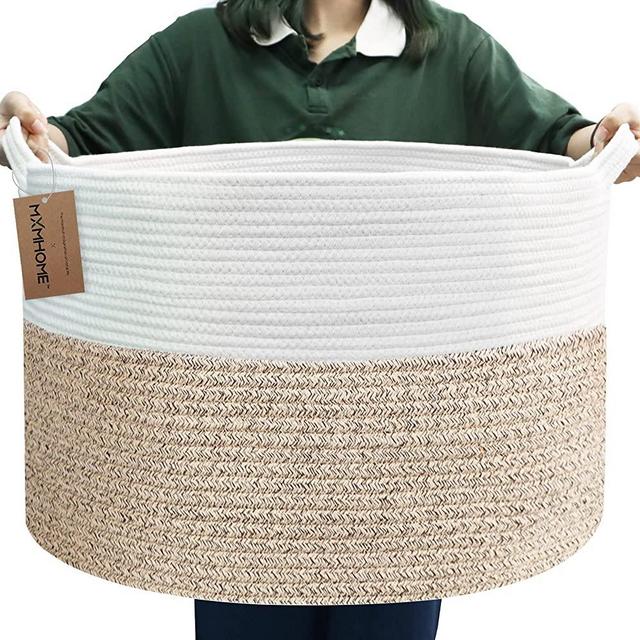 MXMHOME Large Cotton Rope Basket, 23.6" X 23.6" X 14.1" Extra Large Woven Baskets for Storage, Soft Large Storage Baskets, Pure Natural Cotton Rope Basket for Storage, Blanket Basket for Living Room