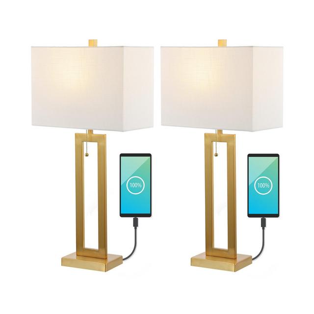 Sabrina 28.5" Vintage-inspired Industrial Iron LED Table Lamp with Pull-Chain and USB Charging Port, Set of 2