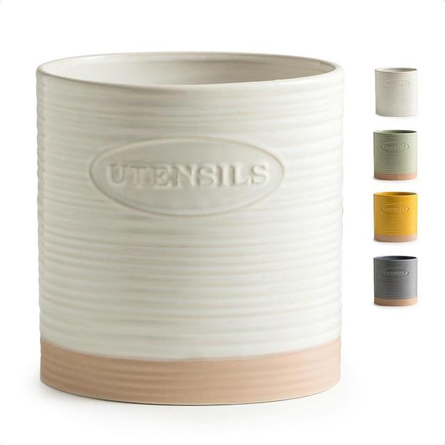YHOSSEUN Utensil Holder for Kitchen Counter, Oval Utensil Crock Rustic Utensil Organizer for Countertop, 6.7" Ceramic Kitchen Tool Holder Two-tone Finish, Housewarming Cooking Gifts
