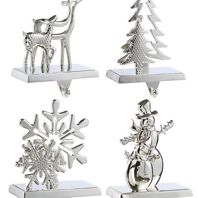 Christmas Stocking Holder - Set of 4 Bronze Stocking Hangers Snowman Santa Snowflakes Christmas Tree Deer Christmas Stocking Hooks Christmas Decoration for Fireplace, Shelf,Staircases