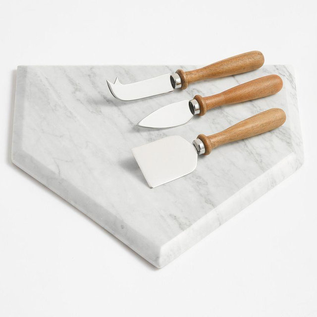 MLB Home Plate Marble Cheeseboard + Cheese Knives Set - White