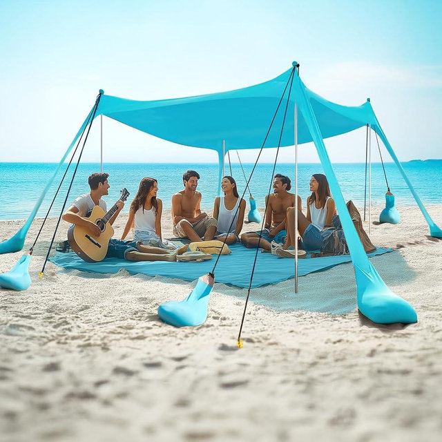 WILDPATH Beach Tent Sun Shelter 10 x 10FT with 8 Sandbags, UPF 50+ Protection Beach Shade Canopy, Eazy Up Portable Canopy Tent for Sun, Camping, Fishing, Backyard
