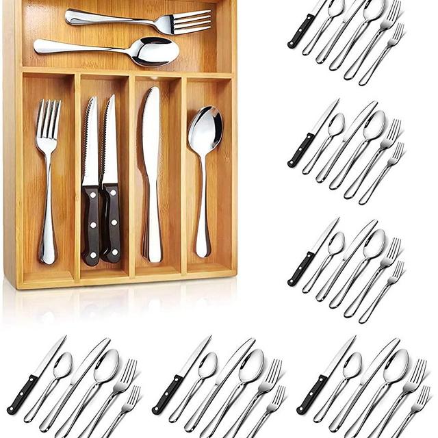 Teivio Silverware Set, Flatware Set Mirror Polished, Dishwasher Safe Service for 6, Include Knife/Fork/Spoon with Bamboo 5-Compartment Silverware Drawer Organizer Box (36 piece, Silver)