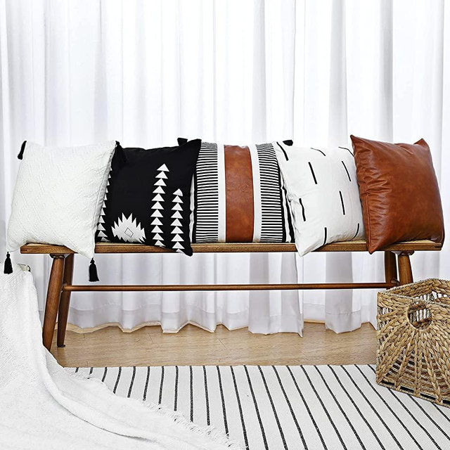 GALMAXS7 Boho Throw Pillow Covers Set Decorative Farmhouse Pillows Cover Black White Woven Accent Pillows Cushion Square Faux Leather Pillow Cover for Bed Couch Sofa Bedding, 18 x 18 Inches