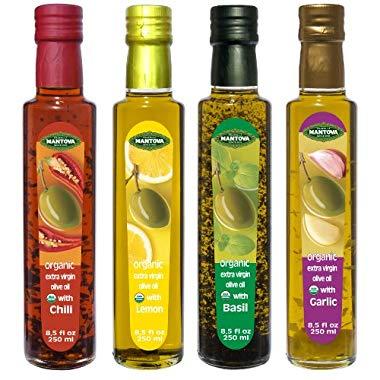 Mantova Flavored Extra Virgin Olive Oil Variety Pack: Garlic, Basil, Chili, Lemon Organic Extra Virgin Olive Oil, 8.5-Ounce Per Bottle (Pack of 4) Great Gift Item