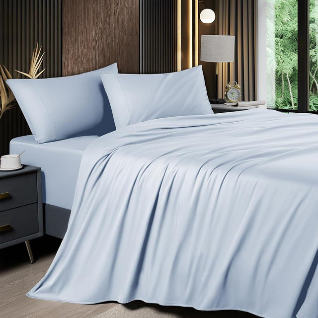 Shilucheng 4 Piece Queen Sheet Sets, Cooling Sheets, Blend Rayon Derived from Bamboo, Deep Pocket Up to 16", Breathable & Soft Bed Sheets, Hotel Silky Bedding Set, Sky Blue