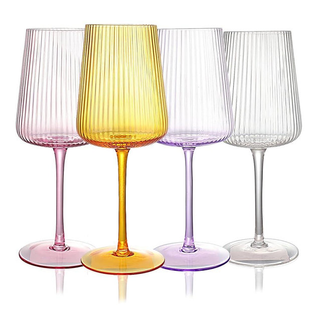 WeirdUncle Hand Blown Ribbed Wine Glasses with stem, Lead-Free Crystal Glasses, Luxury Gift, Set of 4, Unique, 18oz Premium Wine Goblet, Large capacity, Fluted Design (Summer Colored)