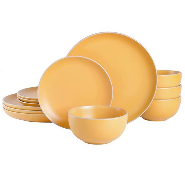 Gibson Home Rockaway Round Stoneware Dinnerware Set, Service for 4 (12pcs), Yellow