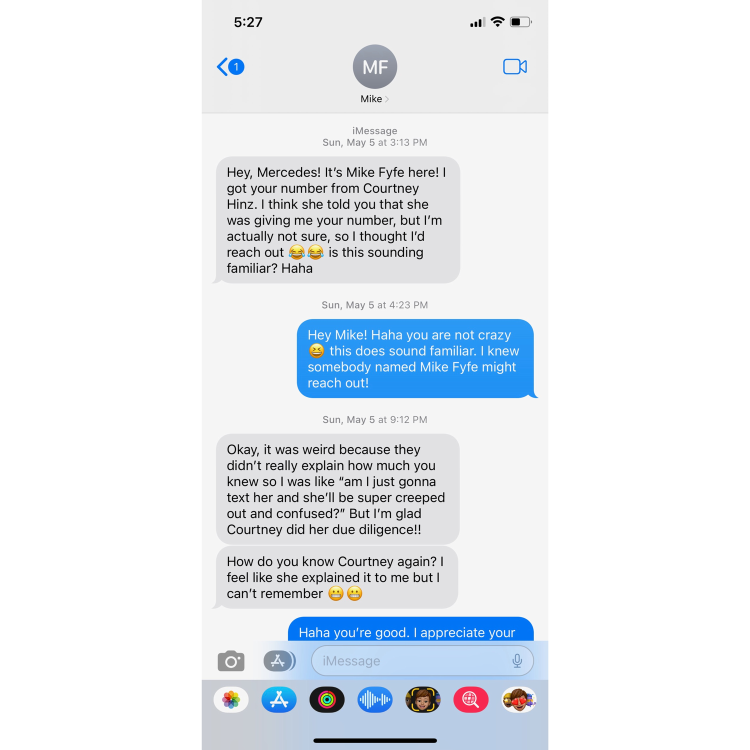 Our story began over text. This is the first message Mike ever sent to Mercedes. The Courtney referenced in the texts was a mutual connection of ours who grew up in Mercedes' hometown.