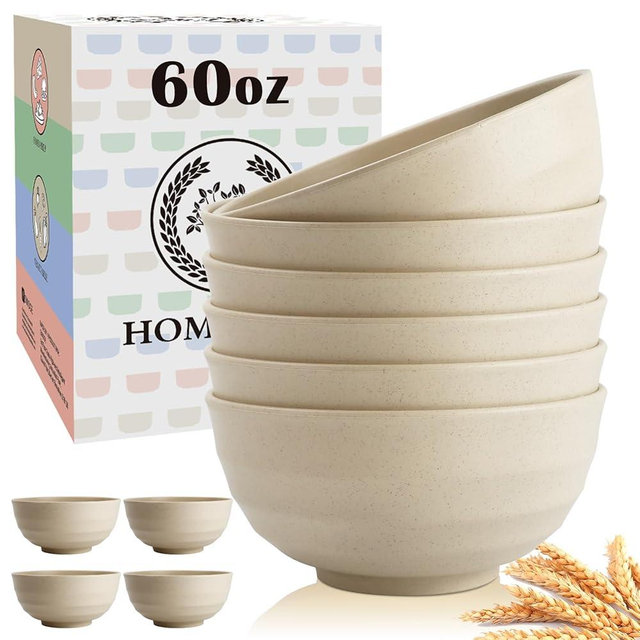 Homienly Large Cereal Bowls Set of 6,Salad Bowls,Large Soup Bowls,Wheat Straw Bowls,Serving Bowls for Wedding Parties,60 Oz for Salad,Soup,Big Bowls for Kitchen,Beige