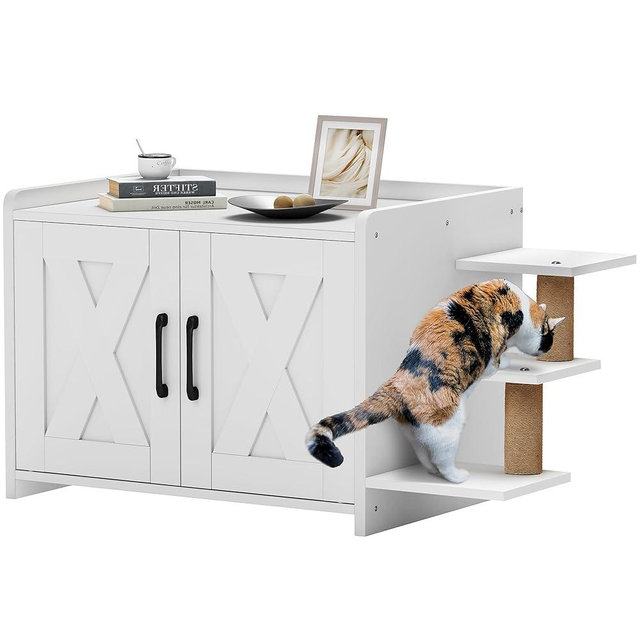 YITAHOME Cat Litter Box Enclosure, Modern Cat Litter Box Furniture Hidden with Scratching Post&cusionr, Wooden Cat House as Side End Table Nightstand, Fit Most of Litter Box, White