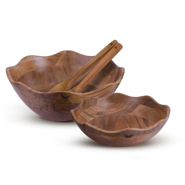 Melvvi 2 Wooden Large Salad Bowls with 2 Servers (Set of 4) | 12" & 11" Wide Acacia Wood Bowls | Mixing & Serving Food Bowl | Halloween Gifts