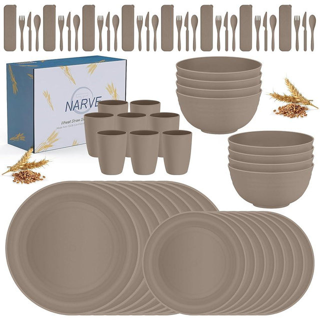NARVE 32 Piece Wheat Straw Dinnerware Sets | Unbreakable, Microwave Safe, Dishwasher Safe | Lightweight Dinnerware Set | Reusable, Plates and Bowls Sets, Dishes Set For 4 | Dishes (Desert Taupe)