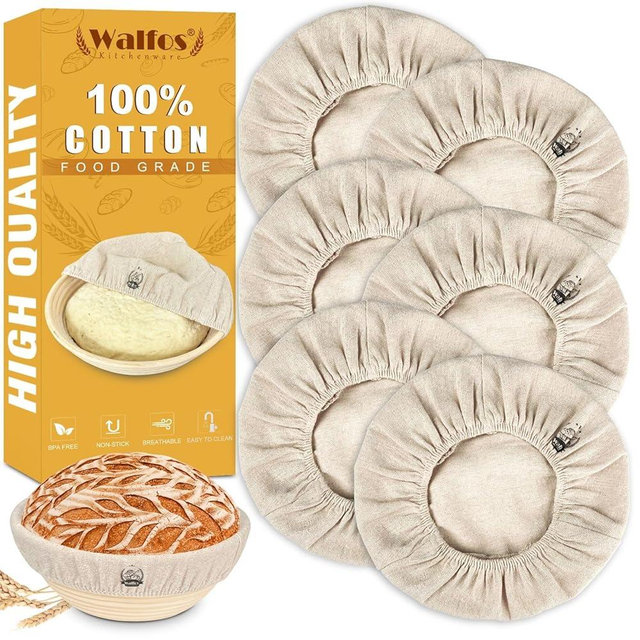 WALFOS 6 Packs Bread Basket Liner Cloth, 9 inch round bread proofing basket cloth liner, Baking Dough Basket Cover Natural Rattan Banneton Proofing Cloth