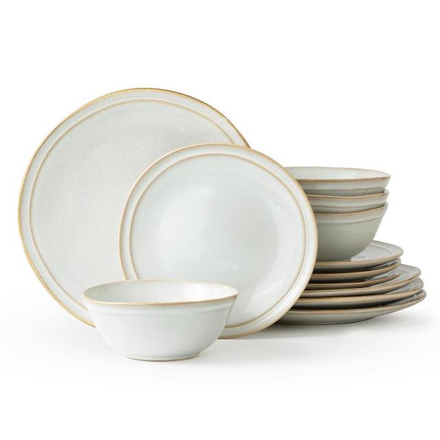 Famiware Dinnerware Set for 4, Plates and Bowls Sets (12-Piece) - Aegean Stoneware Dishes Dinner Set - Microwave and Dishwasher Safe, Reactive Glaze, Scratch Resistant, Cappuccino White