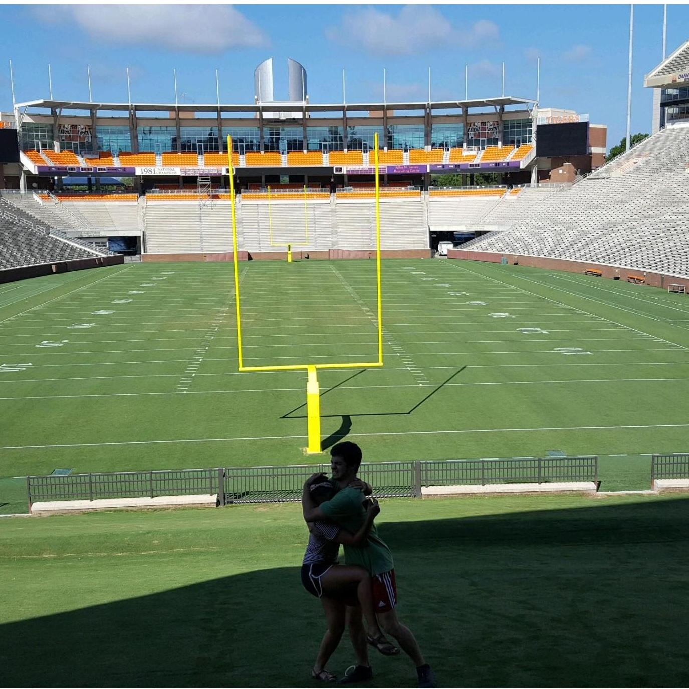 Death Valley, Clemson SC. Go Tigers. Us practicing our tackles/hugs.
