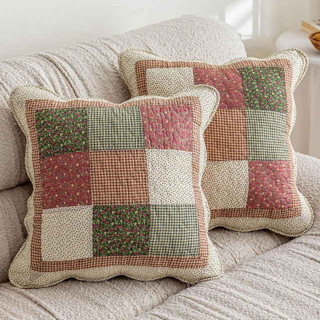 vctops Set of 2 Quilted 100% Cotton Boho Throw Pillow Covers 18" x 18" Farmhouse Country Floral Patchwork Decorative Cushion Cover, Patchwork Flower N