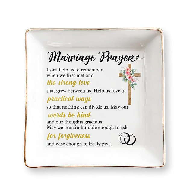 Christian Wedding Gifts for Couple, Marriage Prayer 4" Ceramic Jewelry Dish for Women, Religious Wedding Gift for Newlyweds, Wife - Married Couples Anniversary - Mr & Mrs, Bridal Shower Gift