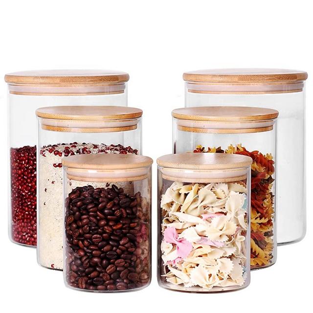Tzerotone Glass flour Jars with Airtight Lids, 6 Pack Sugar and Flour Salt Containers Set, Extra Large Glass Rice Jar with Bamboo lid for Kitchen, Brown Suger, Beans, Groub Coffee (100OZ/54OZ/27OZ)