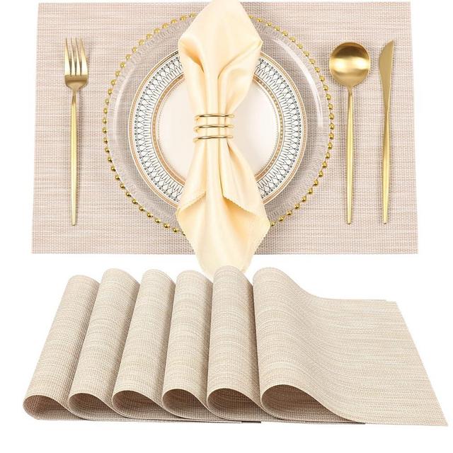 YOSICHY Placemats Set of 6 Woven Vinyl Washable Placemats Heat Resistant Placemats Stain Resistant Non-Slip PVC Kitchen Placemats for Dining Table(Beige)