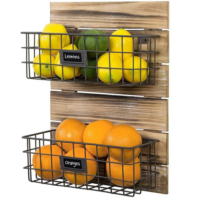 MyGift Rustic Wood & Metal Wire Wall-Mounted Storage Basket Rack with Label Holders