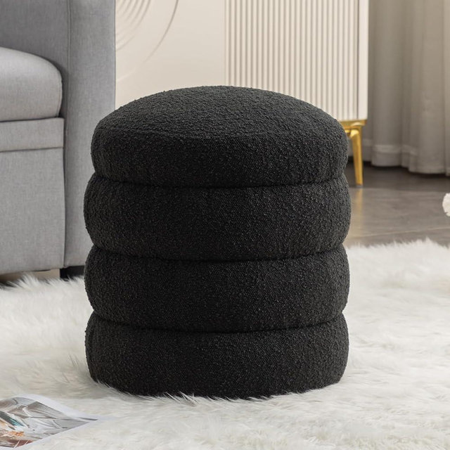 FOXHUNTER Round Ottoman Foot Rest, Modern Pouf Ottoman Upholstered Vanity Stool Ottoman Stool for Living Room Makeup Room Bedroom, Boucle Black