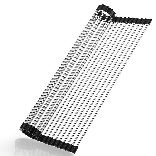 Roll Up Dish Drying Rack, Over The Sink Dish Drying Rack Kitchen Rolling Dish Drainer, Foldable Sink Rack Mat Stainless Steel Wire Dish Drying Rack for Kitchen Sink Counter (17.8"x11.8")