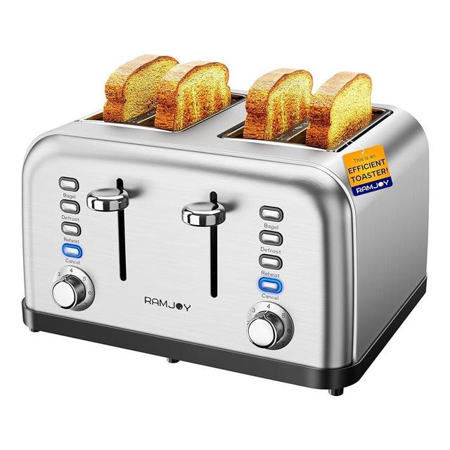 RAMJOY Toaster 4 Slice, Dual Independent Controls, Extra Wide Slot Toasters for Bagel, Bread, Waffles, 7 Shade Settings, 4 Main Functions, Removable Crumb Tray, 1500 Watts, Brushed Stainless Steel