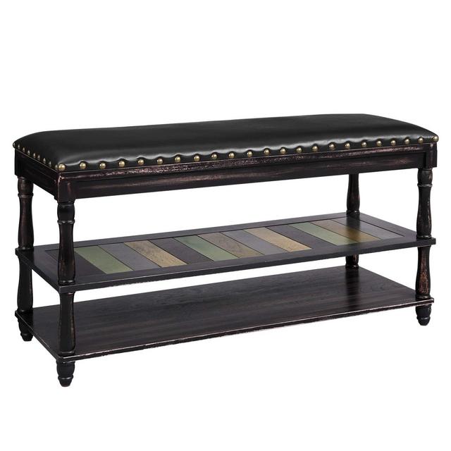 VASAGLE Shoe Bench with Turned Wood Legs for 9 Pairs, 2 Storage Shelves Bed End Bench, Colorful Board Ottoman, PU Leather Dressing Bench, Hold 330 lb, for Hallway, Entryway, Country Brown URSB03GL