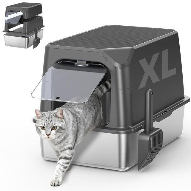 WoofiGo Enclosed Stainless Steel Cat Litter Box with Lid, XL Extra Large Litter Box for Big Cats, Metal Litter Pan High Sided, Never Absorbs Odors, Anti-Urine Leakage, Include Scoop (Dark Grey)