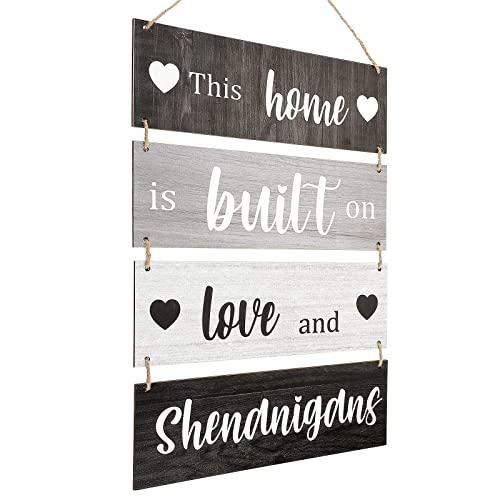 Home Sign Large Hanging Wood Sign Family Rustic Wall Decor Farmhouse Decoration for Living Room Bedroom Indoor Outdoor, This Home is Built on Love and Shenanigans (Dark Cool Colors)