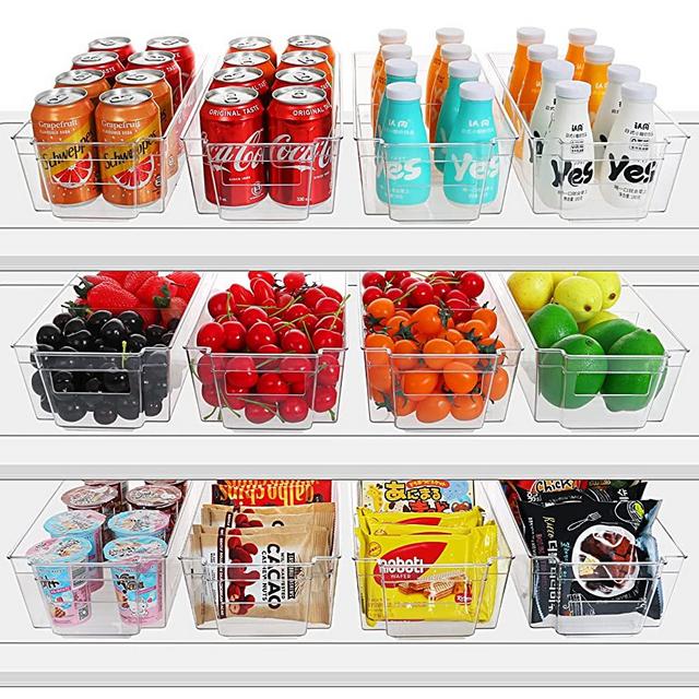 Refrigerator Organizer Bins with Divider, HERKKA 12 Pack Clear Plastic Food Storage Bin with Handle for Freezer, Cabinet, Fridge, Kitchen Pantry Organization and Storage, BPA Free, 12.5" Long