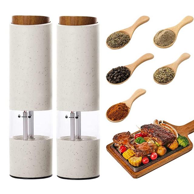 AmaCielo Electric Salt and Pepper Grinder, Pepper Grinder Set 2pcs, Wheat Straw Eco-friendly Material Automatic Pepper Salt Grinder, Adjustable Roughness, One Hand Operation