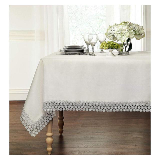 Kate Aurora Lux Living Textured Macrame Trimmed Off White Fabric Tablecloth - 60 in. W x 120 in. L