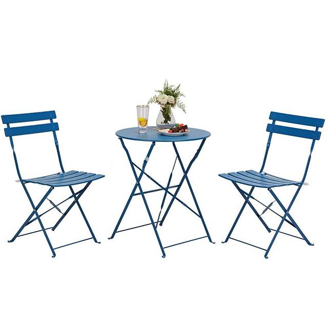 Grand patio 3pc Metal Folding Bistro Set, 2 Chairs and 1 Table, Weather-Resistant Outdoor/Indoor Conversation Set for Patio, Yard, Garden (Peacock Blue)