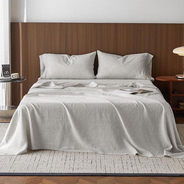 Simple&Opulence 100% Washed Linen Sheet Set-Natural French Flax Bed Sheet-4 Pcs Breathable,Ultra Soft,Farmhouse Bedding (1 Flat Sheet,1 Fitted Sheet,2 Pillowcases) with Lace Hemstitch-Grey, King